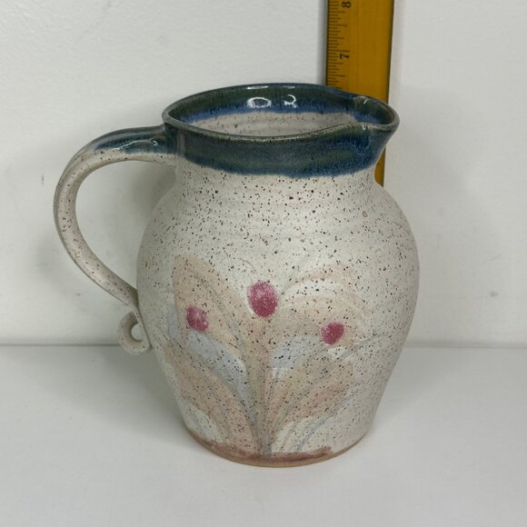 Russell Wood Speckled Ceramic Pitcher With Hand-Painted Floral Design & Blue Rim - Picture 9 of 10